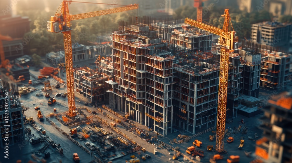 Fototapeta premium a 3d rendering of a building under construction with cranes and other construction equipment, fully built buildings, construction site, construction yard, complex 3d render.