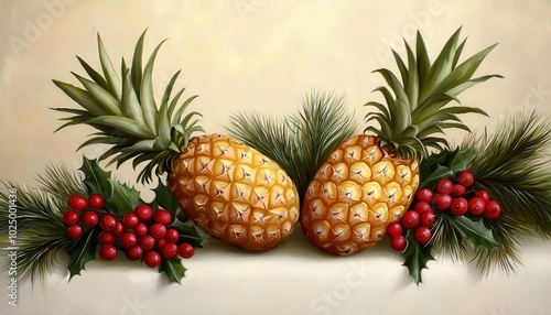 A beautiful arrangement of pineapples and festive greenery on a soft background.