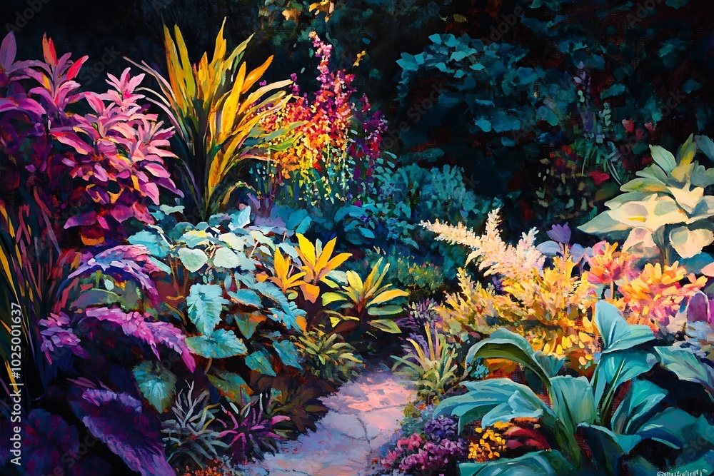 Obraz premium A vibrant garden path surrounded by colorful plants and flowers.