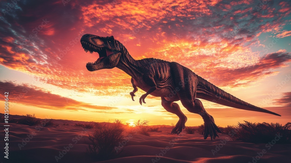 Fototapeta premium A Tyrannosaurus Rex rearing back in a fierce stance, its powerful jaws open wide, silhouetted against a vibrant sunset sky over a sandy desert landscape.