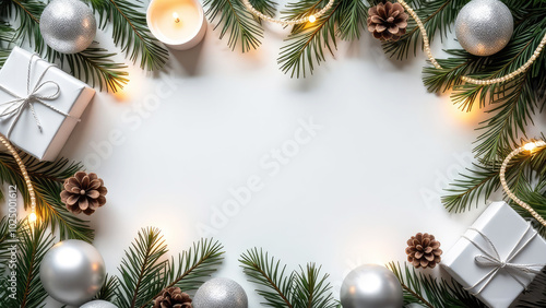 Flat lay Christmas banner with space for text on a white background with neon garlands. Frame of fir branches, glass toys, sparkling confetti, pinecones, candles and atmospheric lights