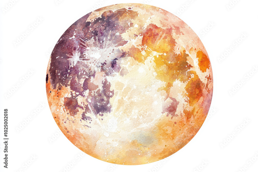 A vibrant watercolor illustration of the moon, showcasing a blend of purple, orange, and white hues in an artistic lunar depiction. A vibrant watercolor illustration of the moon, showcasing a blend of purple, orange, and white hues in an artistic lunar depiction.