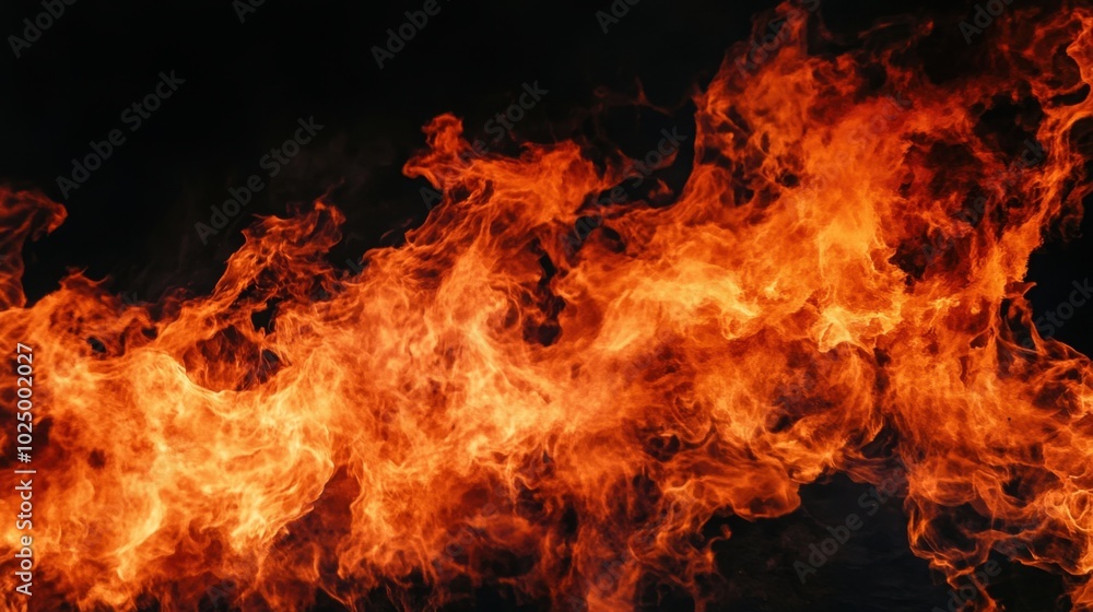 Intense fire flames dancing against a pitch-black background, showcasing the bright orange and red hues of the fire Intense fire flames dancing against a pitch-black background, showcasing the bright orange and red hues of the fire