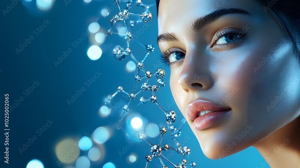 5. A captivating close-up portrait of a woman, her skin glowing, adorned with an intricate molecular structure of facial serum, all against a deep blue backdrop, creating a stylish advertising 5. A captivating close-up portrait of a woman, her skin glowing, adorned with an intricate molecular structure of facial serum, all against a deep blue backdrop, creating a stylish advertising