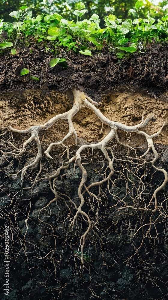 Roots and Soil Layers in Nature's Beautiful Composition