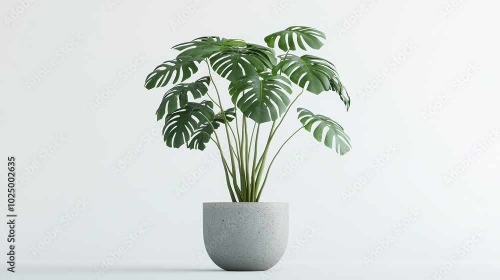 Large-leafed Monstera deliciosa plant in a sleek gray pot, standing out against a white background for a clean, botanical aesthetic Large-leafed Monstera deliciosa plant in a sleek gray pot, standing out against a white background for a clean, botanical aesthetic