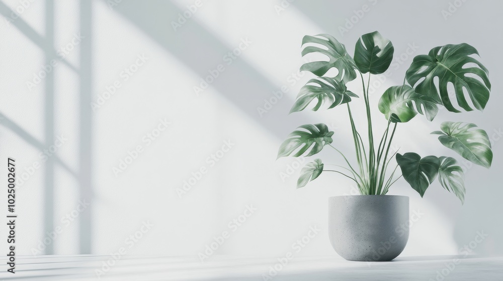 Large-leafed Monstera deliciosa plant in a sleek gray pot, standing out against a white background for a clean, botanical aesthetic Large-leafed Monstera deliciosa plant in a sleek gray pot, standing out against a white background for a clean, botanical aesthetic