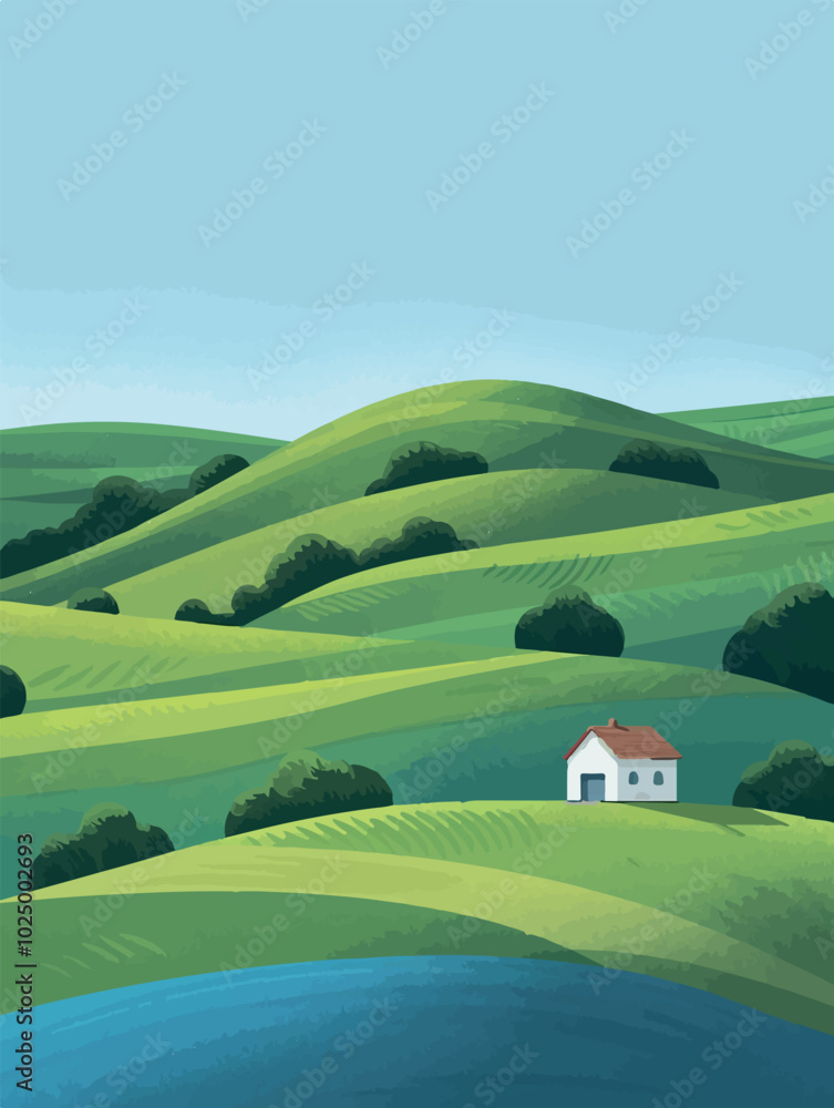 Minimalist illustration of rolling hills with a small white house under a clear blue sky. Vibrant greens and blues create a serene and tranquil landscape scene in a modern, flat style. Minimalist illustration of rolling hills with a small white house under a clear blue sky. Vibrant greens and blues create a serene and tranquil landscape scene in a modern, flat style.