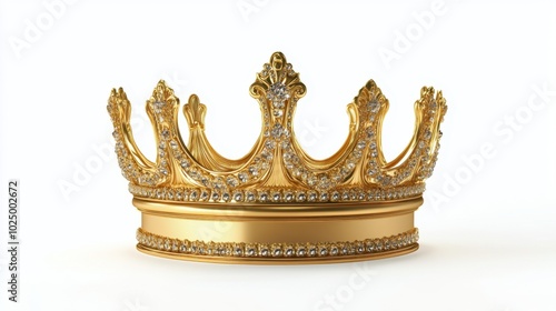 Luxurious golden crown isolated on a white background, its intricate details shining bright, embodying royal charm