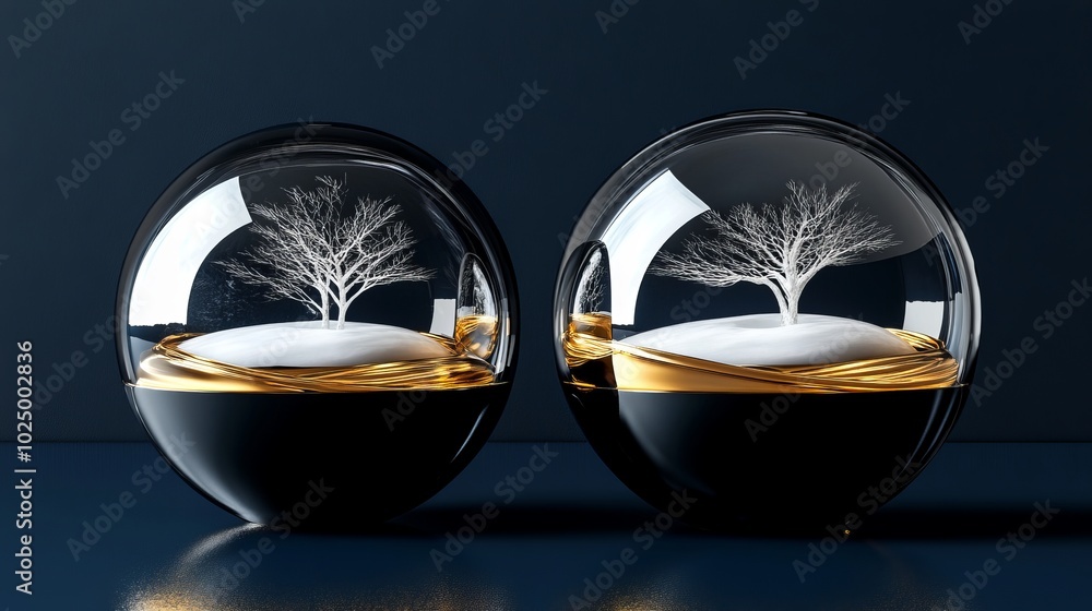 3D rendering of glossy Christmas balls and glass spheres with snow-covered trees inside on a dark blue background with reflective lighting and luxury finishing. 3D rendering of glossy Christmas balls and glass spheres with snow-covered trees inside on a dark blue background with reflective lighting and luxury finishing.