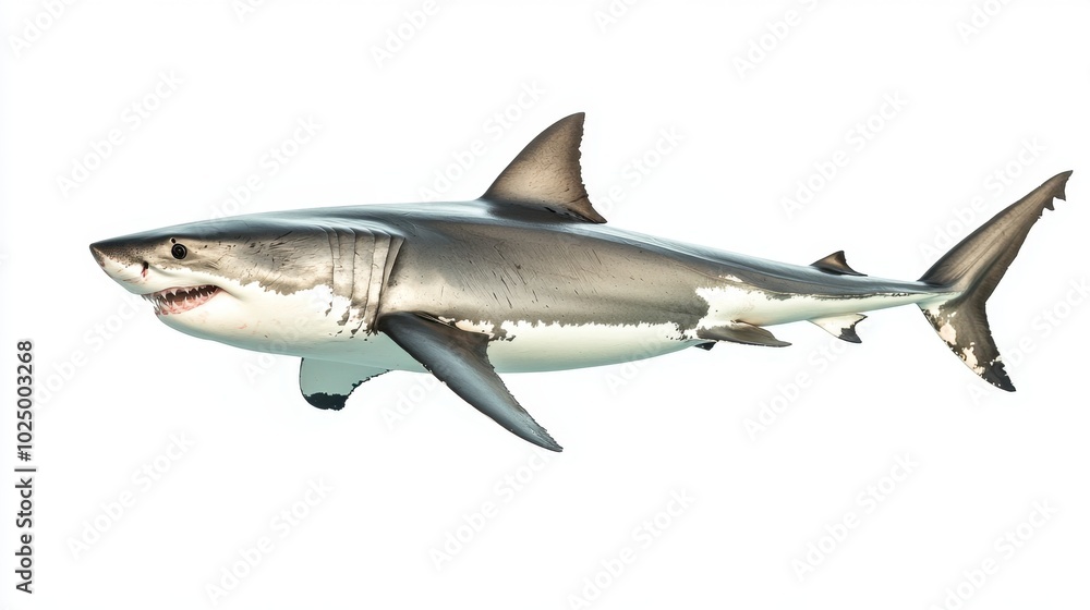 Massive great white shark isolated on a clean white background, displaying its streamlined body and sharp, predatory features Massive great white shark isolated on a clean white background, displaying its streamlined body and sharp, predatory features