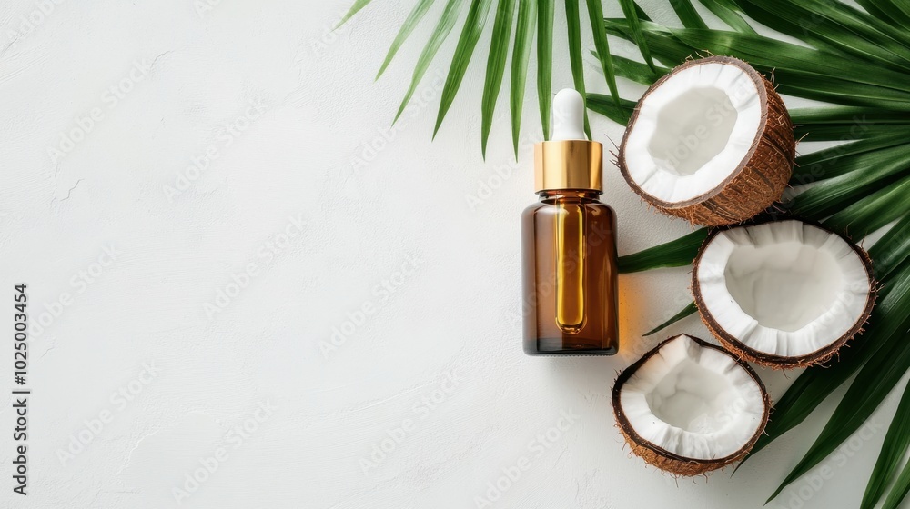MCT oil bottle alongside halved coconuts, isolated on a white background, highlighting the natural and healthy source of the oil MCT oil bottle alongside halved coconuts, isolated on a white background, highlighting the natural and healthy source of the oil