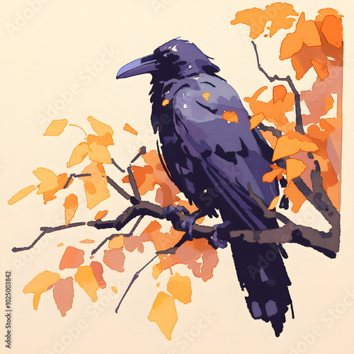 Black Raven watercolor illustration on white background photo