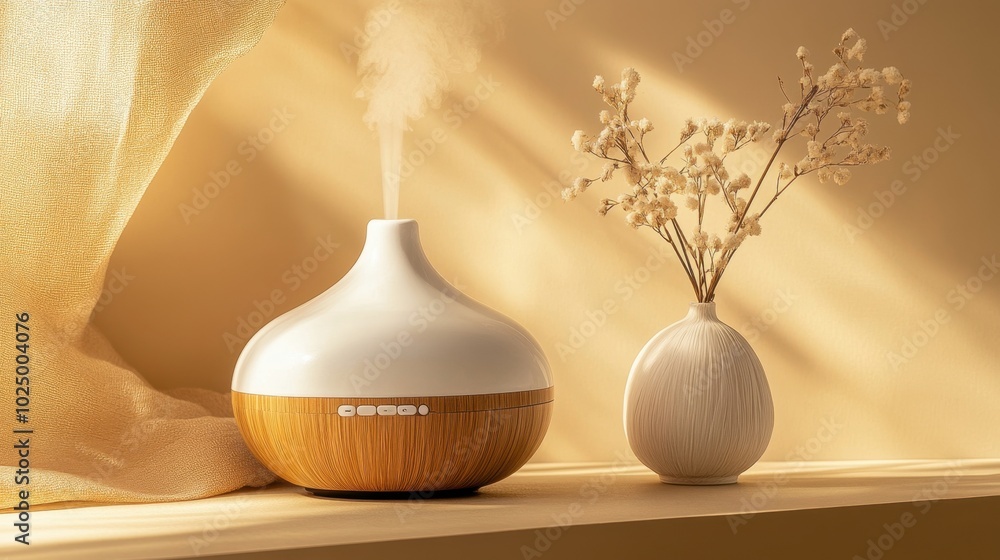 Modern white and wooden essential oil diffuser, displayed on a tan background, blending functionality with natural design Modern white and wooden essential oil diffuser, displayed on a tan background, blending functionality with natural design
