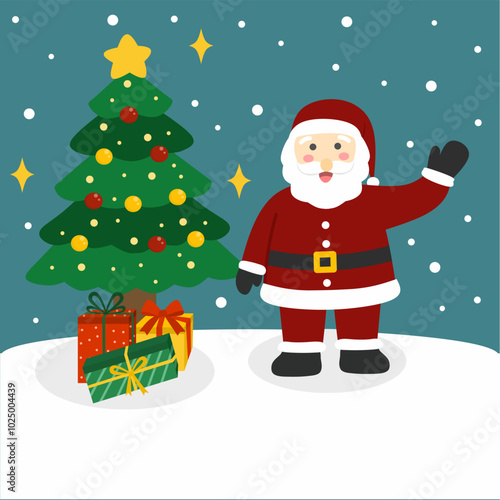 santa claus with christmas tree and gift box, flat illustration santa claus with christmas tree on winter background 