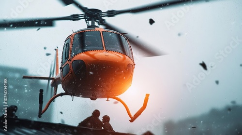 Helicopter rescue team pulling people from flooded rooftops during a violent hurricane, storm debris flying in the air, dark stormy skies, hurricane rescue, emergency operation photo