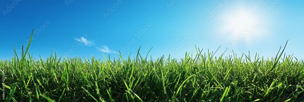 Obraz premium Lush Green Lawn Under Clear Blue Sky, Exquisite Texture of Grass, Inviting Outdoor Serenity, Perfect for Relaxation and Leisure