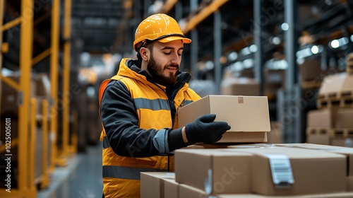 Worker wearing a hard hat places cardboard boxes in a warehouse.