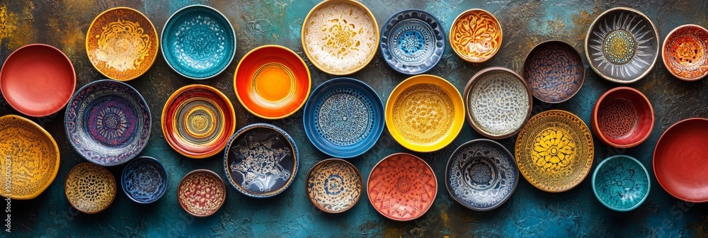 Vibrant Handmade Ceramic Plate with Colorful Patterns on Table, Top View Display of Artistry and Craftsmanship Vibrant Handmade Ceramic Plate with Colorful Patterns on Table, Top View Display of Artistry and Craftsmanship