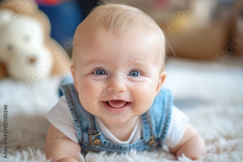 A joyful baby, dressed in denim, smiles warmly while lying comfortably on a soft white carpet in a cozy setting.