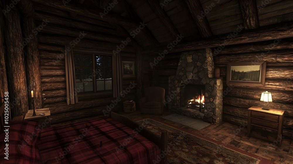 Cozy and Inviting Rustic Cabin Bedroom with Exposed Wooden Beams a Comfortable Bed and Warm Ambient Lighting Creating a Peaceful and Relaxing Atmosphere for a Mountain Retreat or Countryside Getaway Cozy and Inviting Rustic Cabin Bedroom with Exposed Wooden Beams a Comfortable Bed and Warm Ambient Lighting Creating a Peaceful and Relaxing Atmosphere for a Mountain Retreat or Countryside Getaway