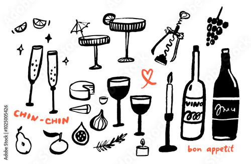 Cafe bar doodles, wine bottle and glasses, cocktails drawing. Black ink sketch trendy icons of drinks, food and appetizers isolated on white. Creative art set