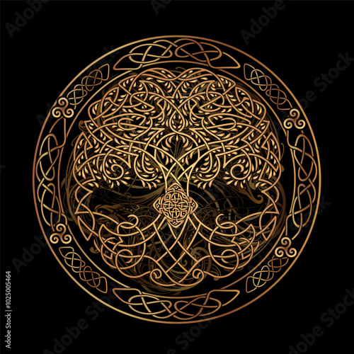 Vector illustration of the World Tree from Norse mythology Yggdrasil tree with Celtic knotwork in golden tones. For wallpaper, tattoos, jewelry, and projects related to mythology, history, fantasy