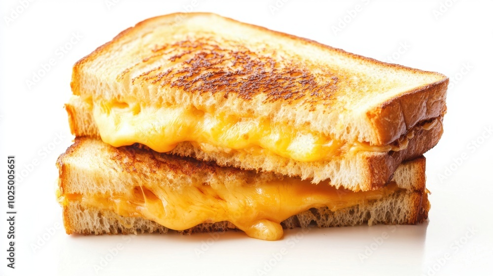 Perfectly toasted sandwich with gooey melted cheese, sitting on a clean white background, capturing the simplicity of a tasty snack Perfectly toasted sandwich with gooey melted cheese, sitting on a clean white background, capturing the simplicity of a tasty snack