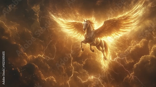 Pegasus soaring in the sky with lightning flashing around, creating a powerful and mystical fantasy scene of grace and strength