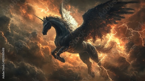 Pegasus soaring in the sky with lightning flashing around, creating a powerful and mystical fantasy scene of grace and strength