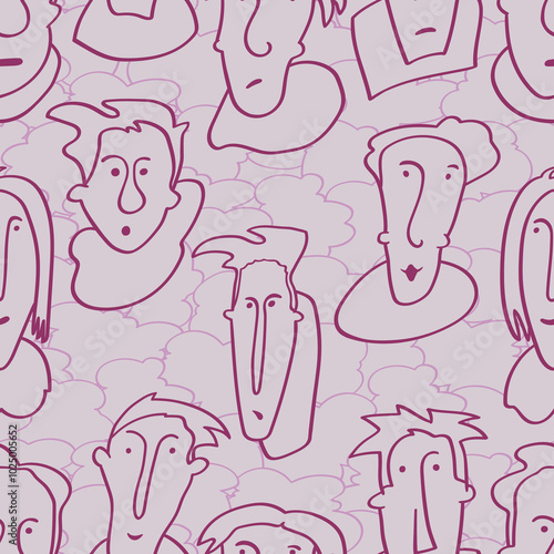 Seamless background with funny faces of anthropomorphic creatures. Humorous characters with different emotions