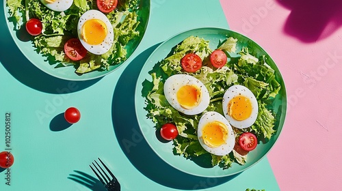  Two plates of salad with hard boiled eggs, tomatoes, and lettuce on a blue and pink background