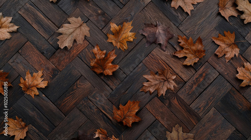 Autumn leaves scattered on rich wood veneer mosaic background create warm and inviting atmosphere, perfect for Thanksgiving celebrations photo