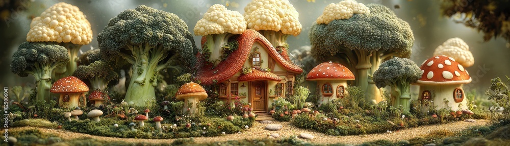 Obraz premium forest of broccoli trees with cauliflower clouds, where mushroom houses sprout from the vegetable soil