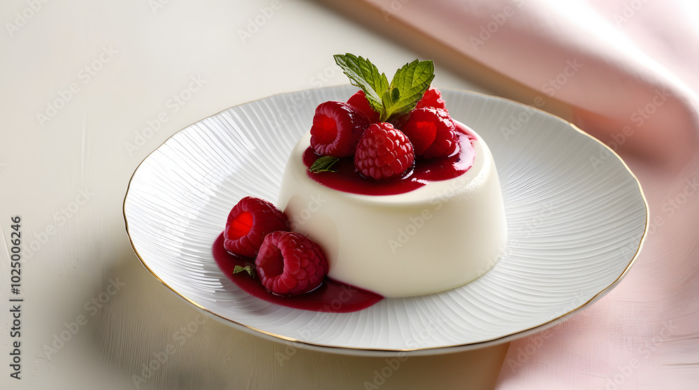 A white plate holds a raspberry panna cotta topped with fresh berries, showcasing a vibrant and elegant dessert. A white plate holds a raspberry panna cotta topped with fresh berries, showcasing a vibrant and elegant dessert.