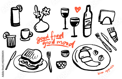 Cafe doodles, branch and lunch dishes, wine glasses, coffee cups. Croissant and toast served on plate. Modern trendy sketch outline elements. Good food good mood quote.