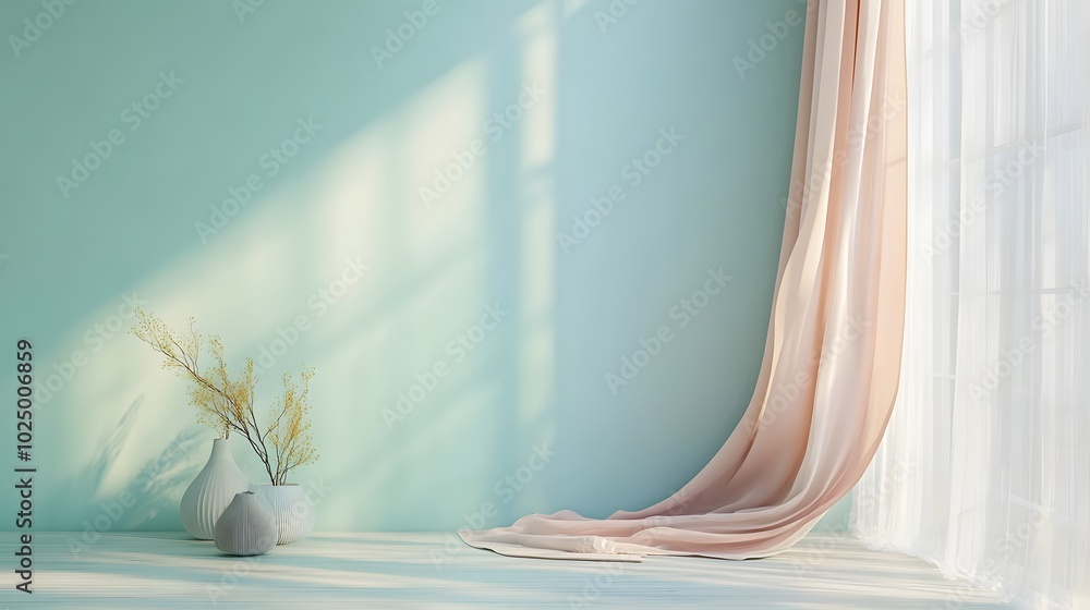 1. A serene room with a pastel turquoise blue-green empty wall, complemented by flowing colored silk curtain drapes, creating an ideal mock-up template for product presentation in a living or gallery 1. A serene room with a pastel turquoise blue-green empty wall, complemented by flowing colored silk curtain drapes, creating an ideal mock-up template for product presentation in a living or gallery