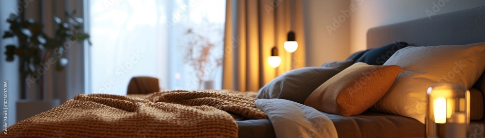 Obraz premium Cozy bedroom with vibrant lighting, cozy bedding, soft glow