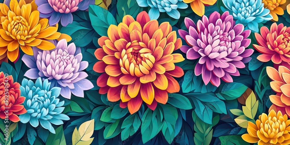 Vibrant and fresh chrysanthemums in full bloom, showcasing a variety of colors and intricate petal patterns Perfect for floral arrangements or nature-inspired themes Vibrant and fresh chrysanthemums in full bloom, showcasing a variety of colors and intricate petal patterns Perfect for floral arrangements or nature-inspired themes