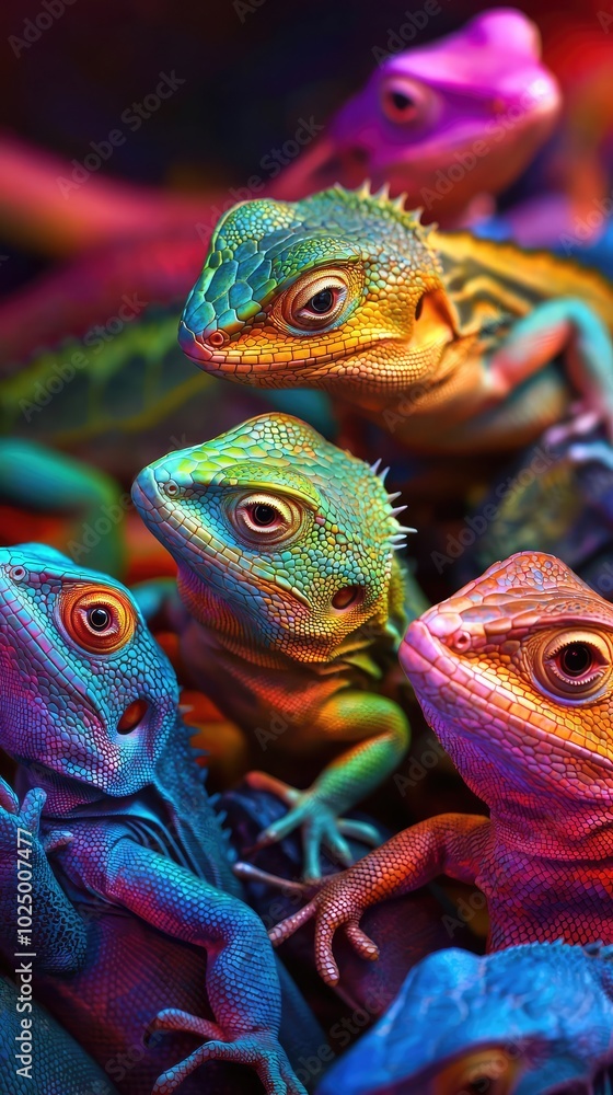 Obraz premium Colorful Reptilian Creatures in Vibrant Group Display