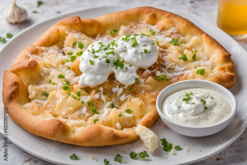 Wallpaper Mural A serving of traditional hungarian lngos fried flatbread topped with garlic butter sour cream, Ai Generated Torontodigital.ca