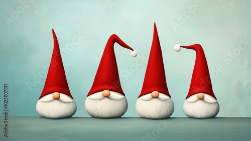 Four whimsical gnomes with red hats and white beards on a soft blue background.