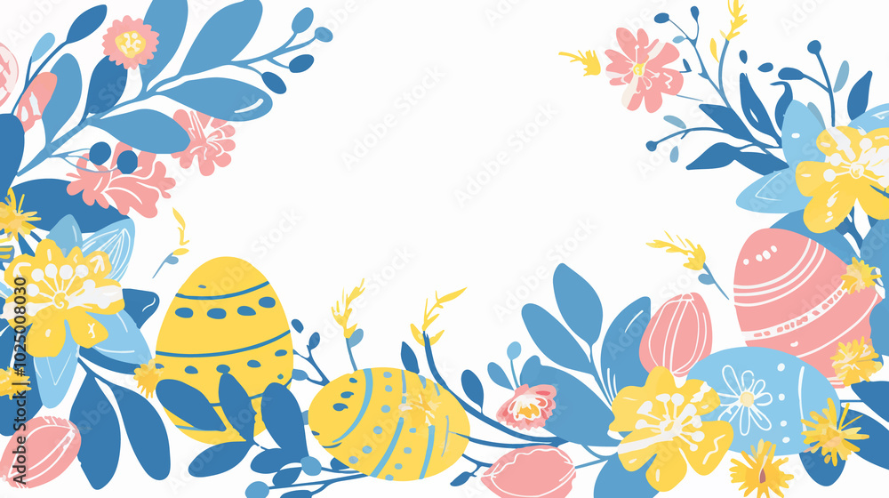 Obraz premium A vibrant Easter-themed illustration featuring pastel-colored eggs adorned with floral patterns, surrounded by blossoming flowers and foliage. A joyful celebration of springtime in soft, charming colo