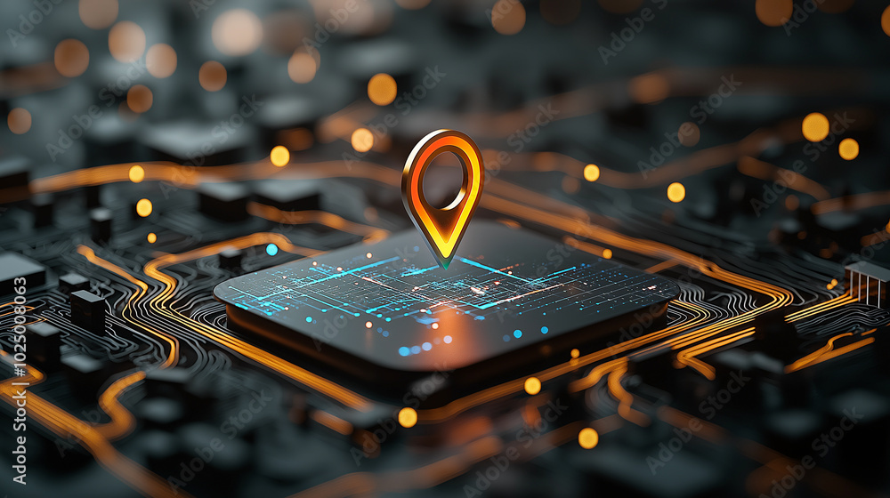 Digital map with glowing location pin on circuit board, symbolizing navigation and technology. vibrant colors and intricate details evoke sense of innovation and connectivity Digital map with glowing location pin on circuit board, symbolizing navigation and technology. vibrant colors and intricate details evoke sense of innovation and connectivity