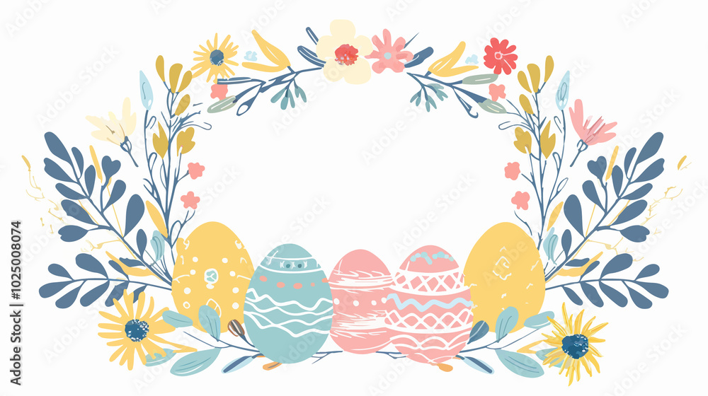 A vibrant Easter-themed illustration featuring pastel-colored eggs adorned with floral patterns, surrounded by blossoming flowers and foliage. A joyful celebration of springtime in soft, charming colo A vibrant Easter-themed illustration featuring pastel-colored eggs adorned with floral patterns, surrounded by blossoming flowers and foliage. A joyful celebration of springtime in soft, charming colo