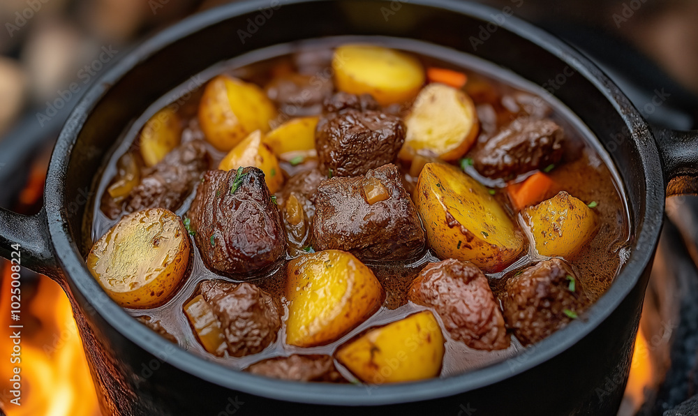 Beef stew simmering in a cast-iron pot over flames, with beef, potatoes, carrots, and a ladle ready