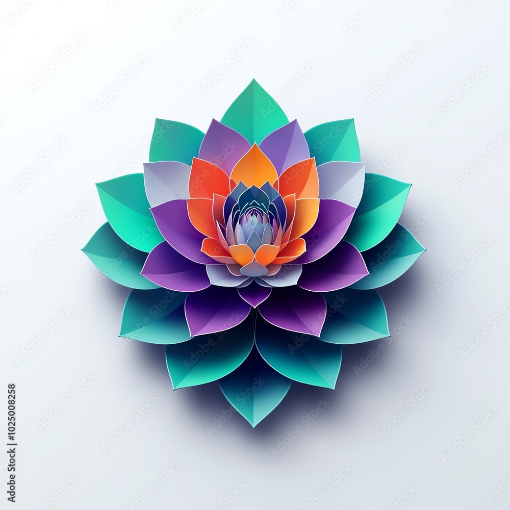 A vibrant paper art flower featuring layers of colorful petals, showcasing shades of teal, purple, and orange in a delicate, symmetrical design. A vibrant paper art flower featuring layers of colorful petals, showcasing shades of teal, purple, and orange in a delicate, symmetrical design.