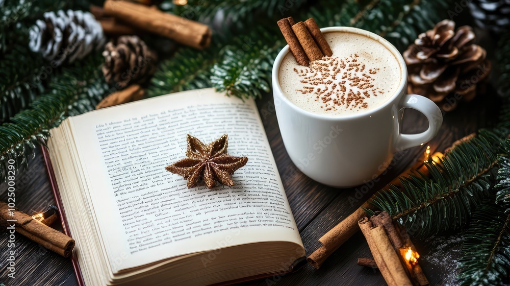 Coffee and Christmas Book Composition. AI generated illustration Coffee and Christmas Book Composition. AI generated illustration