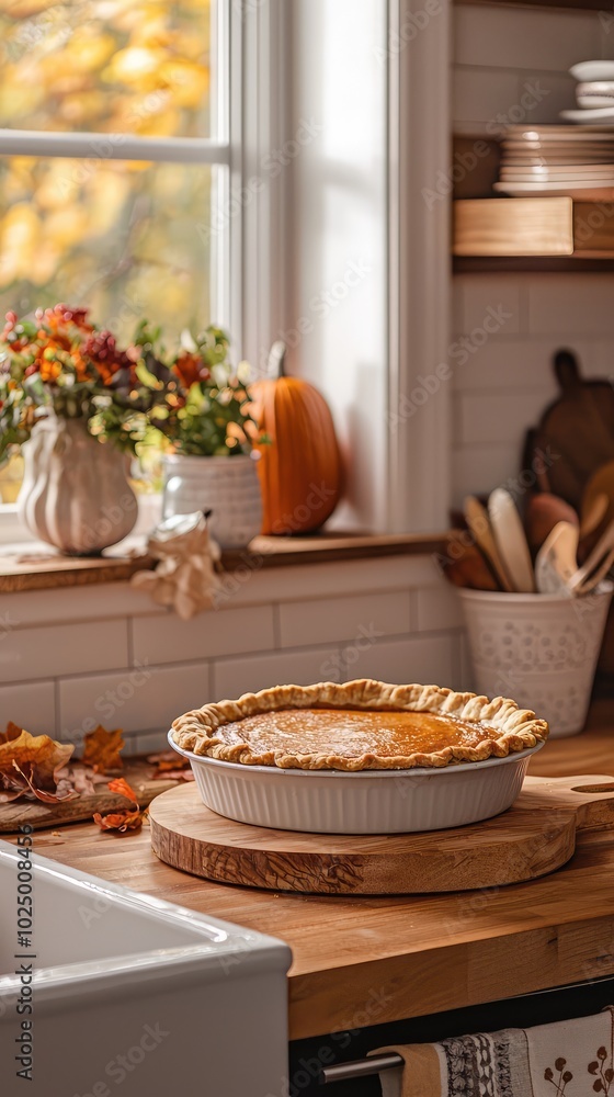 Naklejka premium Cozy Kitchen with Freshly Baked Pumpkin Pie