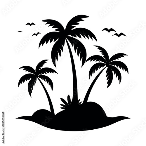 Palm Tree Silhouette Vector Illustration on Small Island Isolated on White Background